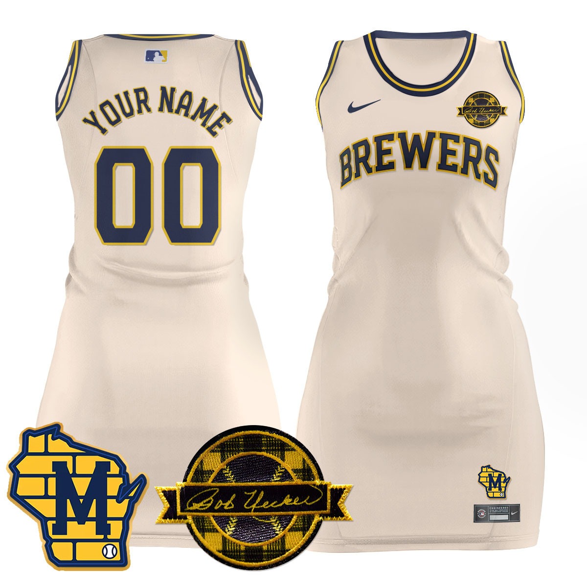 Women's Milwaukee Brewers Active Player Custom Cream Limited Stitched Jersey Dress - Bob Uecker Patch
