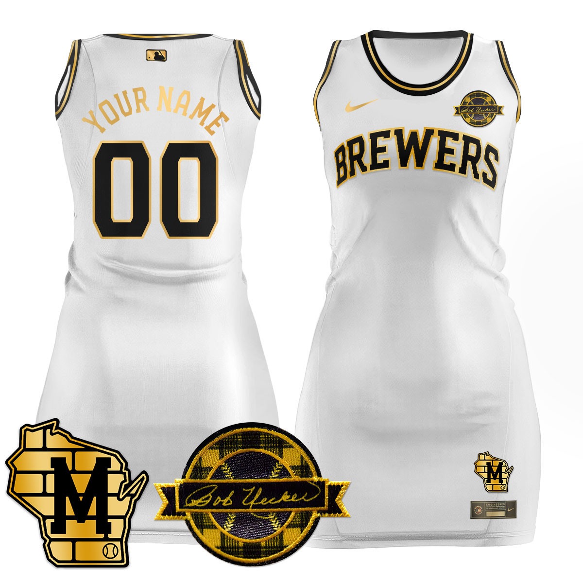 Women's Milwaukee Brewers Active Player Custom White Gold Limited Stitched Jersey Dress - Bob Uecker Patch