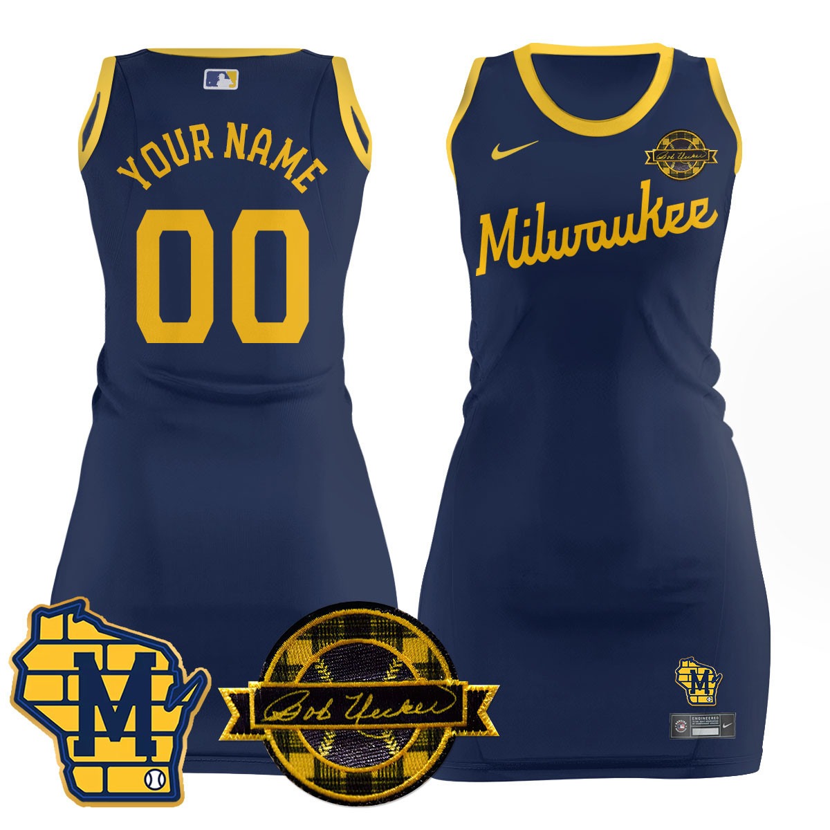 Women's Milwaukee Brewers Active Player Custom Navy Limited Stitched Jersey Dress - Bob Uecker Patch