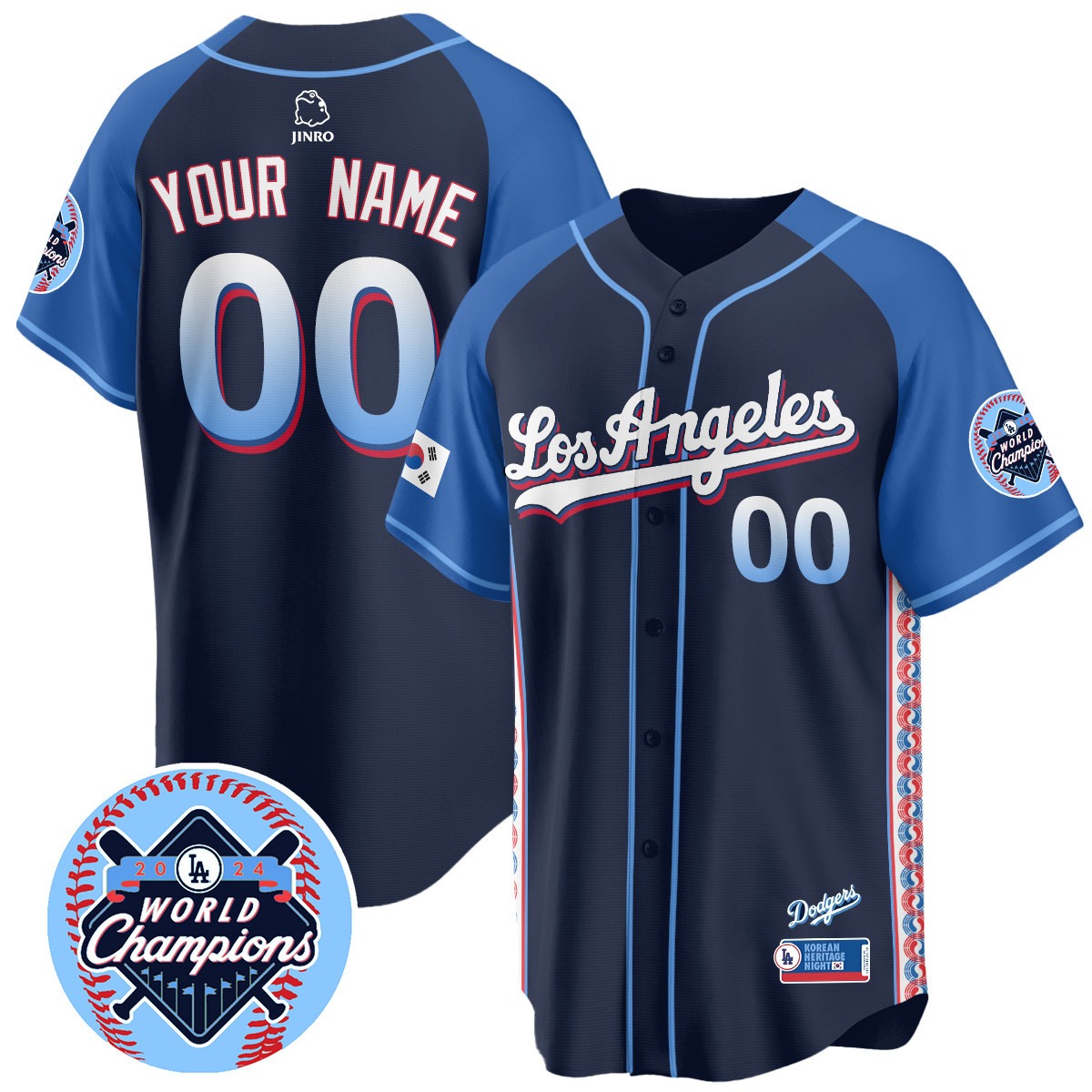 Los Angeles Dodgers Custom Navy Korean Heritage Night Stitched Baseball Jersey - 2024 LA World Champions Patch