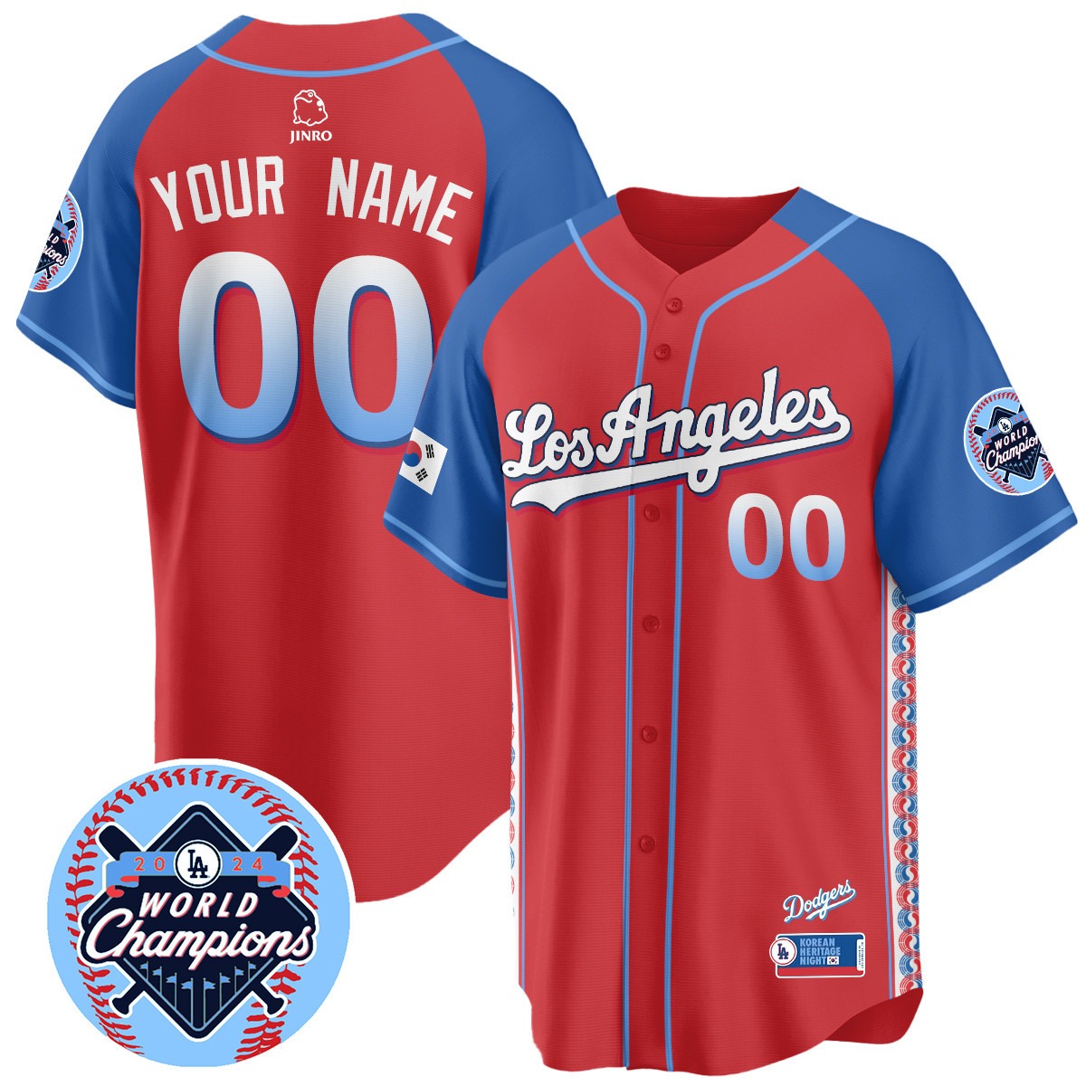 Los Angeles Dodgers Custom Red Korean Heritage Night Stitched Baseball Jersey - 2024 LA World Champions Patch