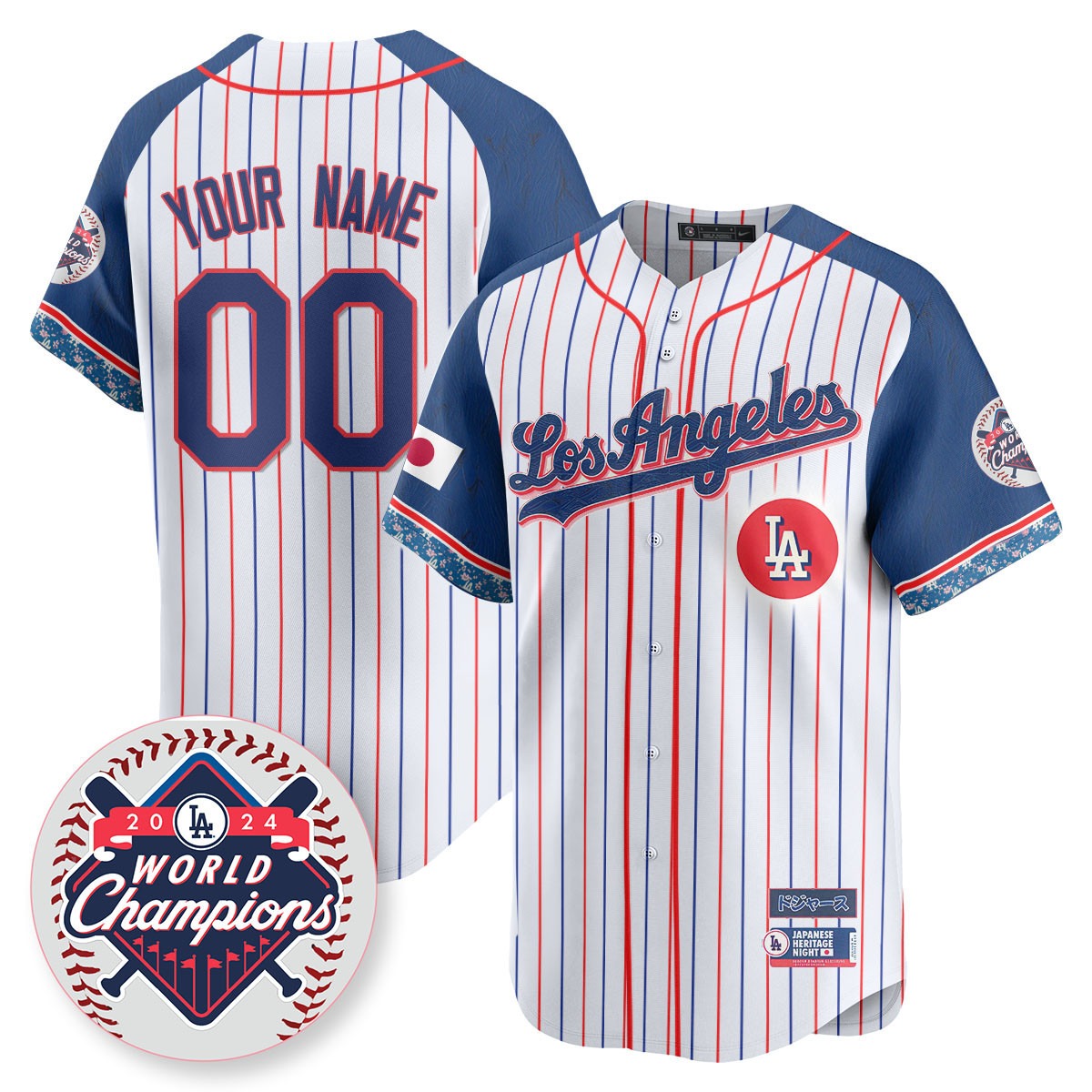 Los Angeles Dodgers Custom Stripes Japanese Heritage Night Stitched Baseball Jersey - 2024 LA World Champions Patch