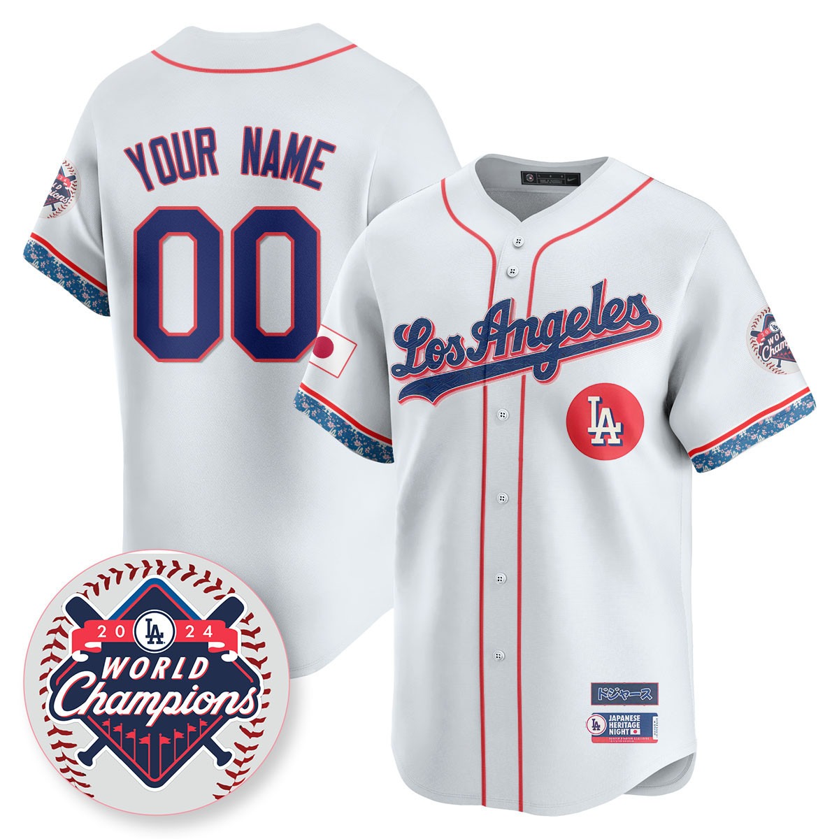 Los Angeles Dodgers Custom White Japanese Heritage Night Stitched Baseball Jersey - 2024 LA World Champions Patch