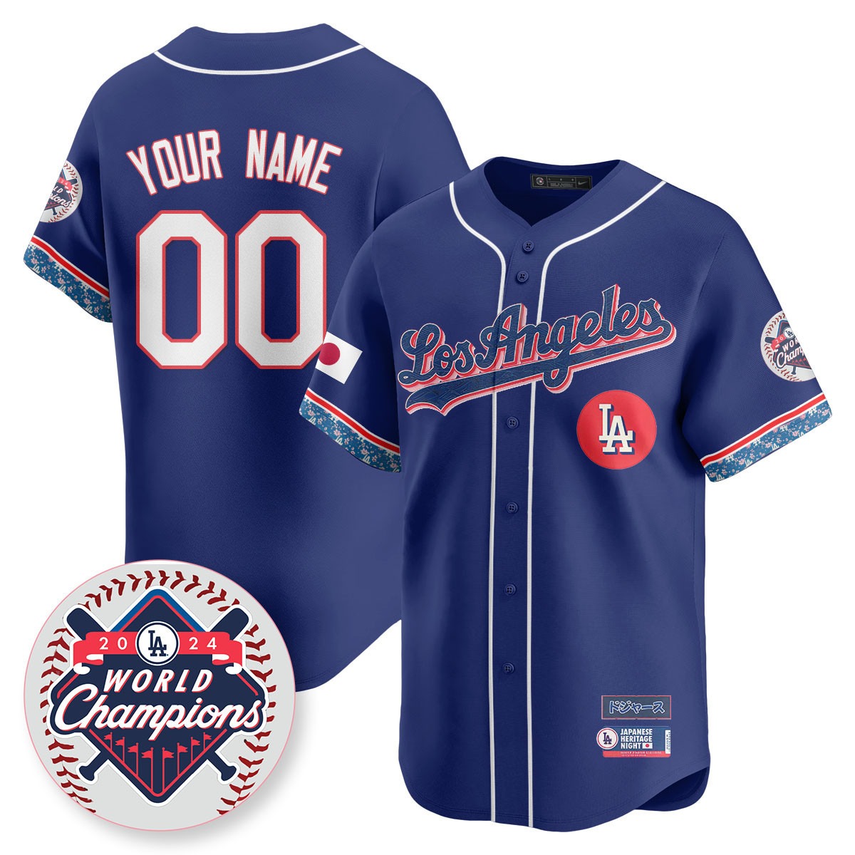 Los Angeles Dodgers Custom Royal Japanese Heritage Night Stitched Baseball Jersey - 2024 LA World Champions Patch