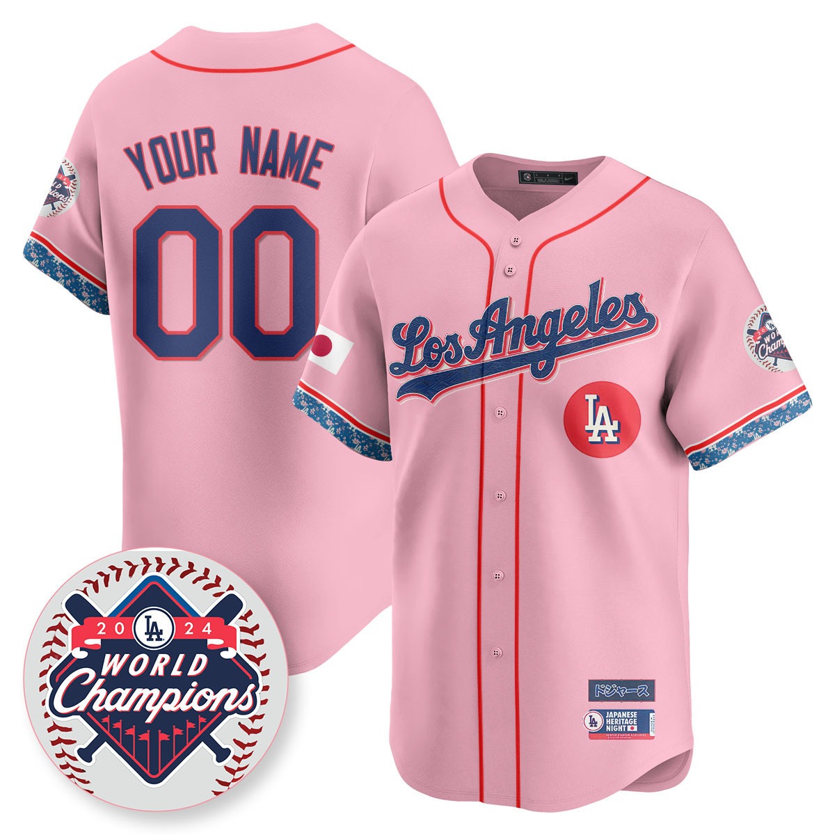 Los Angeles Dodgers Custom Cherry Blossom Japanese Heritage Night Stitched Baseball Jersey - 2024 LA World Champions Patch