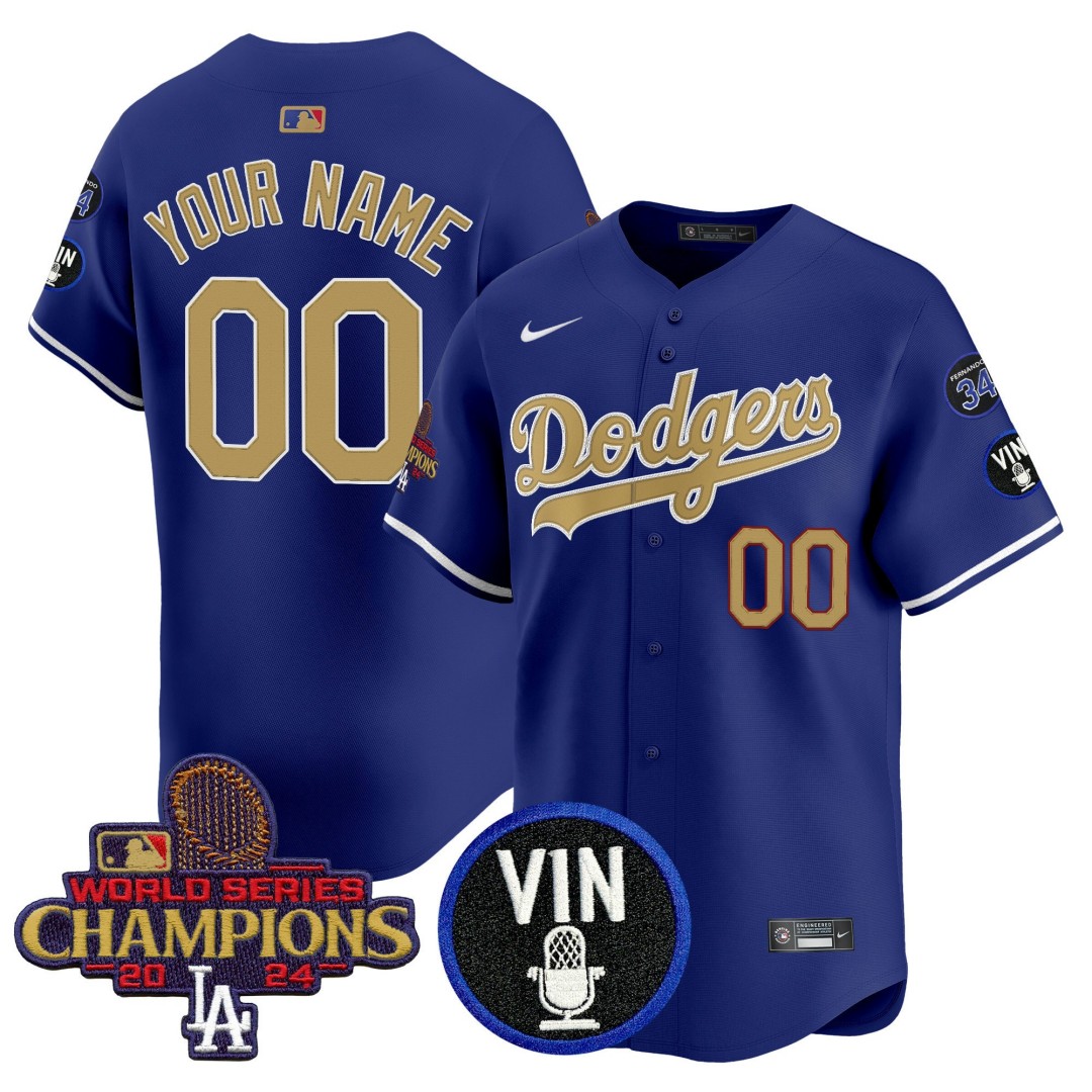 Dodgers Custom Royal 2025 Vin Scully & #34 Fernando Patch Gold Vapor Premier Limited Jersey - All Stitched