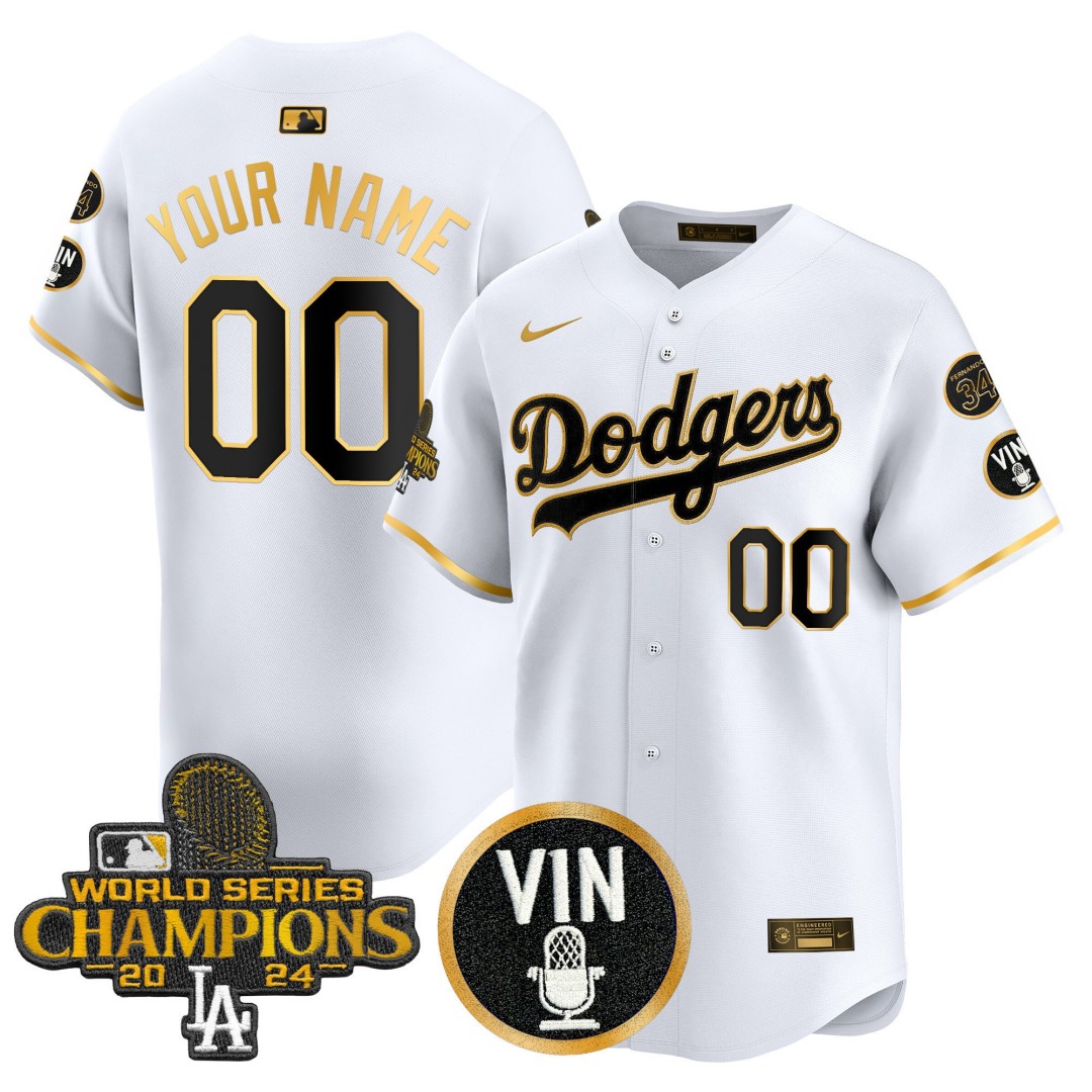 Dodgers Custom White Gold 2025 Vin Scully & #34 Fernando Patch Gold Vapor Premier Limited Jersey - All Stitched