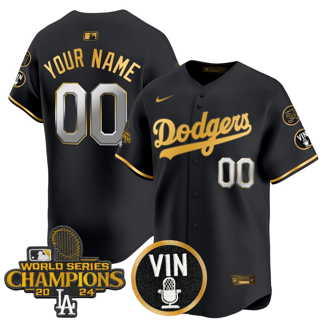Dodgers Custom Black Gold 2025 Vin Scully & #34 Fernando Patch Gold Vapor Premier Limited Jersey - All Stitched