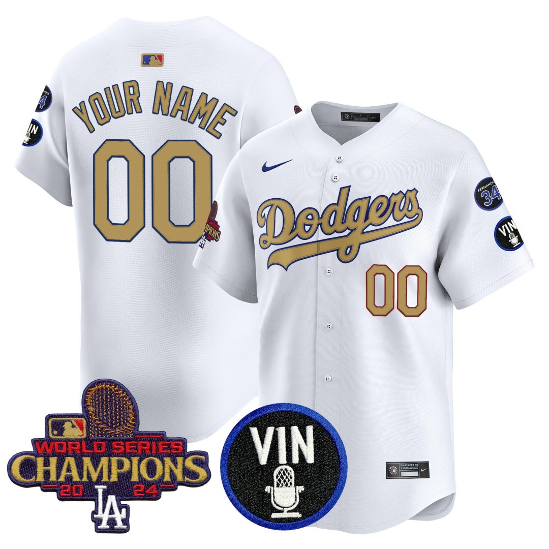 Dodgers Custom White 2025 Vin Scully & #34 Fernando Patch Gold Vapor Premier Limited Jersey - All Stitched