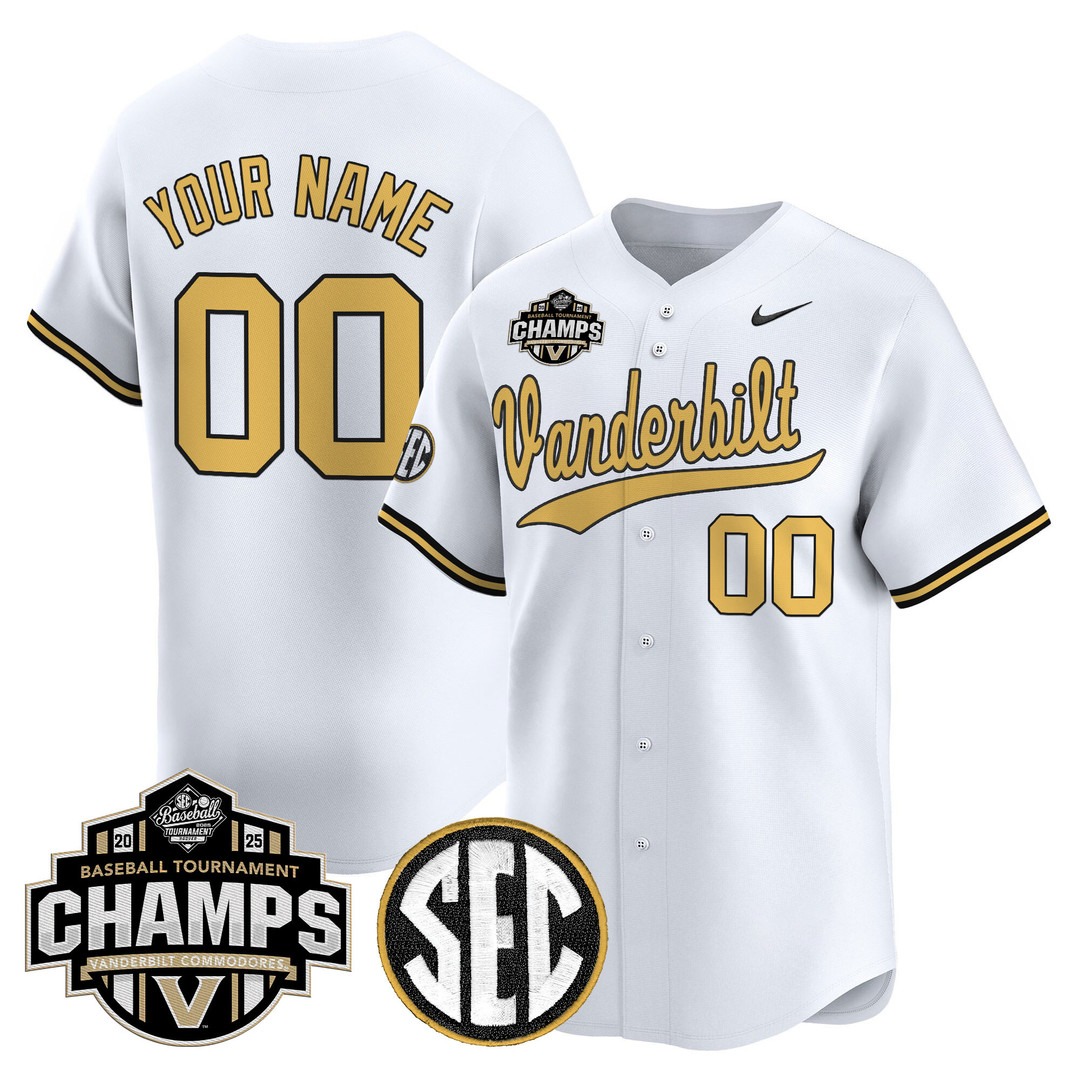 Vanderbilt Commodores Active Player Custom White 2025 SEC Conference Tournament Champions Vapor Premier Limited Baseball Jersey - All Stitched