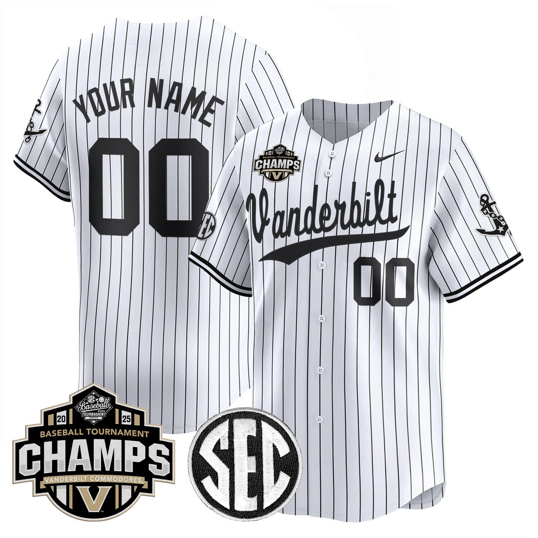 Vanderbilt Commodores Active Player Custom White Pinstripe 2025 SEC Conference Tournament Champions Vapor Premier Limited Baseball Jersey - All Stitched