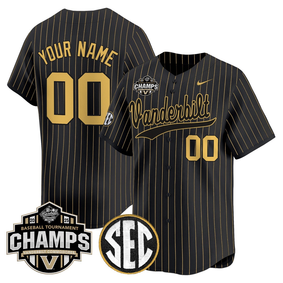 Vanderbilt Commodores Active Player Custom Black Pinstripe 2025 SEC Conference Tournament Champions Vapor Premier Limited Baseball Jersey - All Stitched