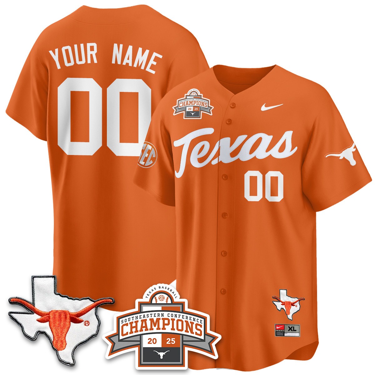 Texas Baseball Active Player Custom 2025 SEC Champions & State Patch Limited Jersey Texas Orange - All Stitched
