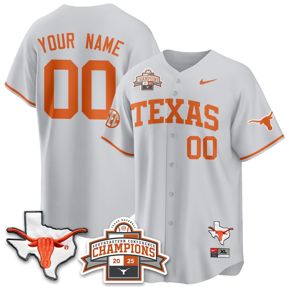 Texas Baseball Active Player Custom 2025 SEC Champions & State Patch Limited Jersey Grey - All Stitched