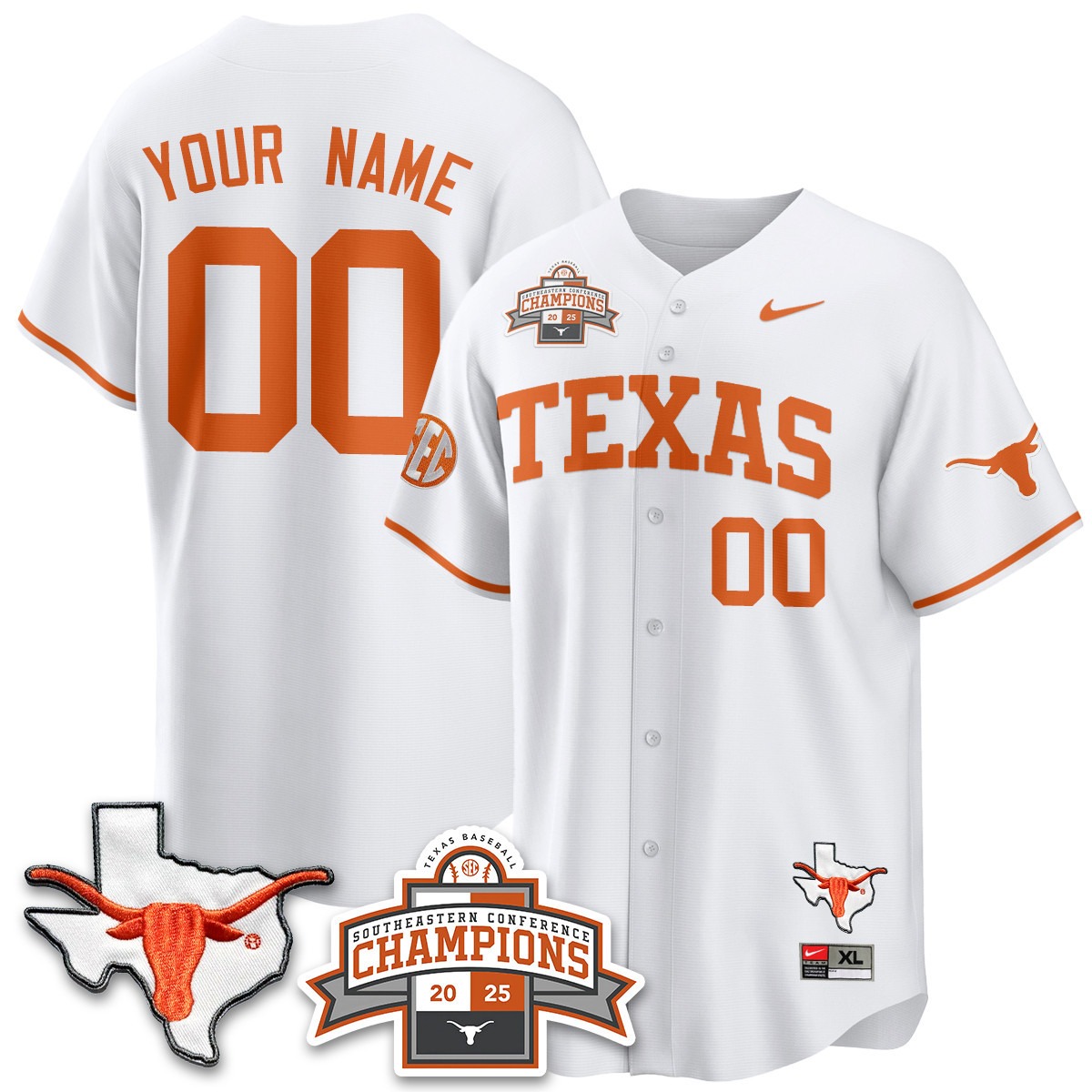 Texas Baseball Active Player Custom 2025 SEC Champions & State Patch Limited Jersey White - All Stitched