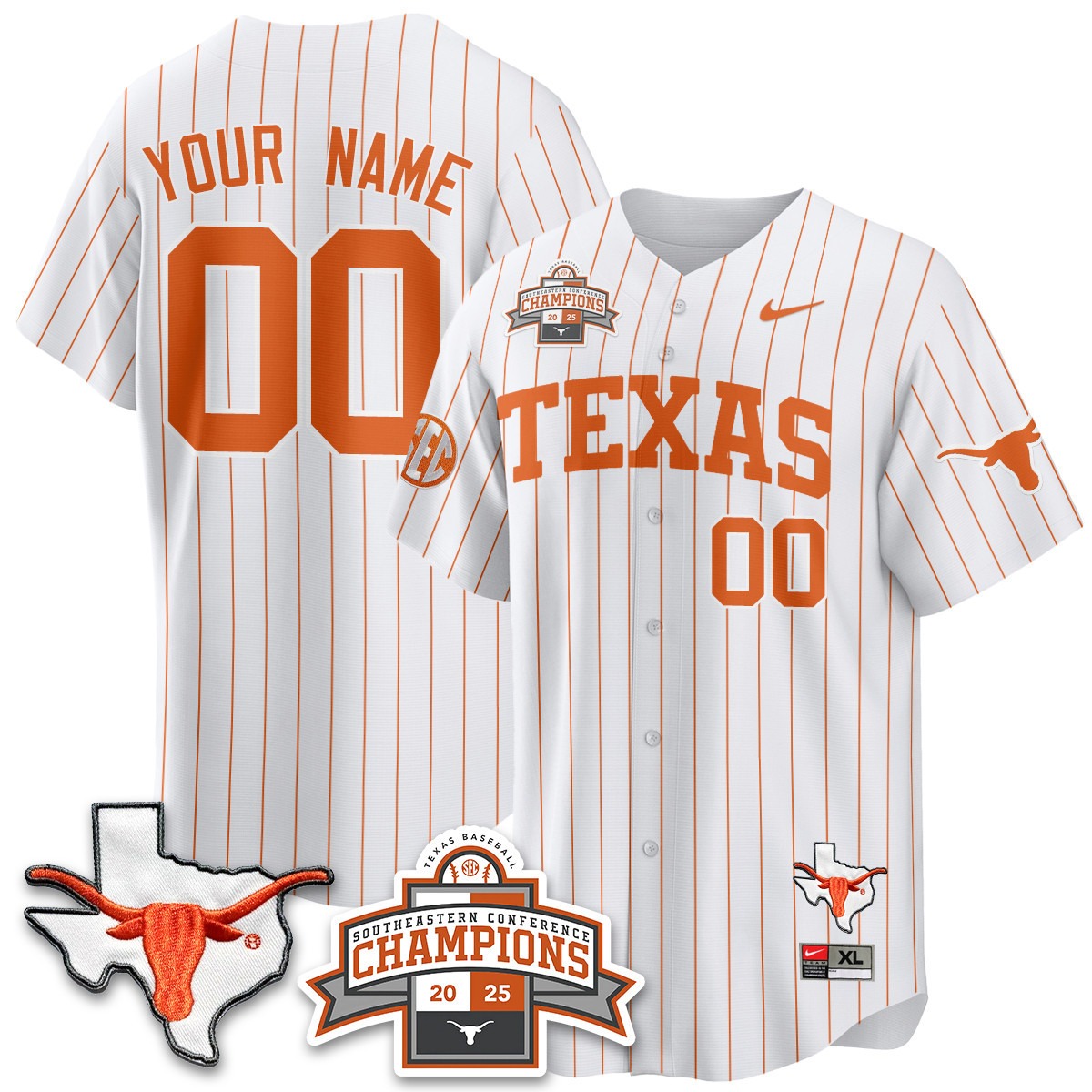 Texas Baseball Active Player Custom 2025 SEC Champions & State Patch Limited Jersey Stripe - All Stitched