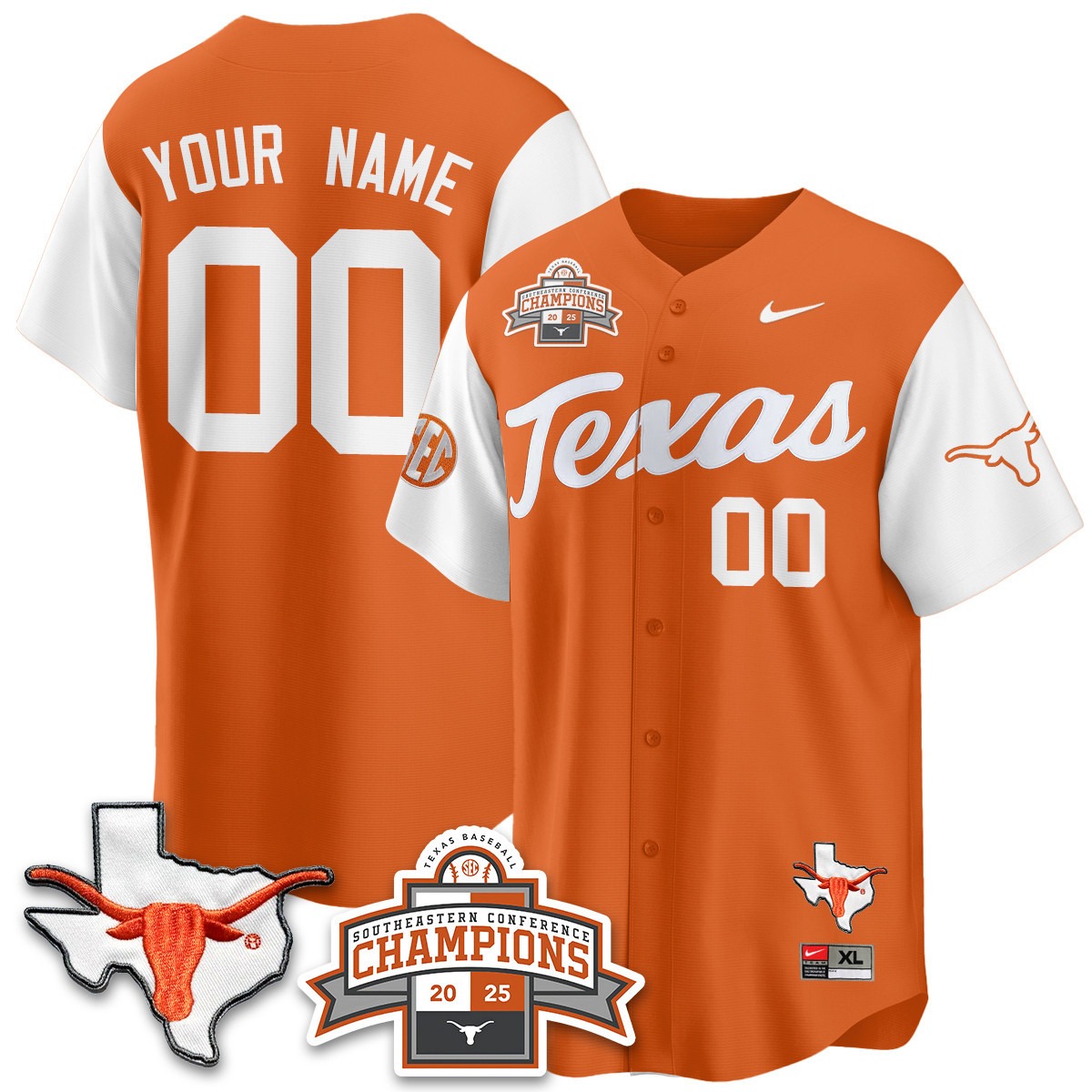 Texas Baseball Active Player Custom 2025 SEC Champions & State Patch Limited Jersey Alternate Orange - All Stitched
