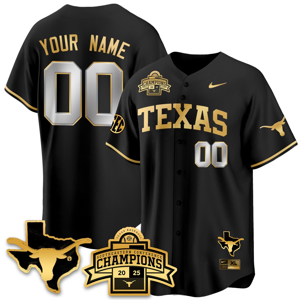 Texas Baseball Active Player Custom 2025 SEC Champions & State Patch Limited Jersey Black Gold - All Stitched