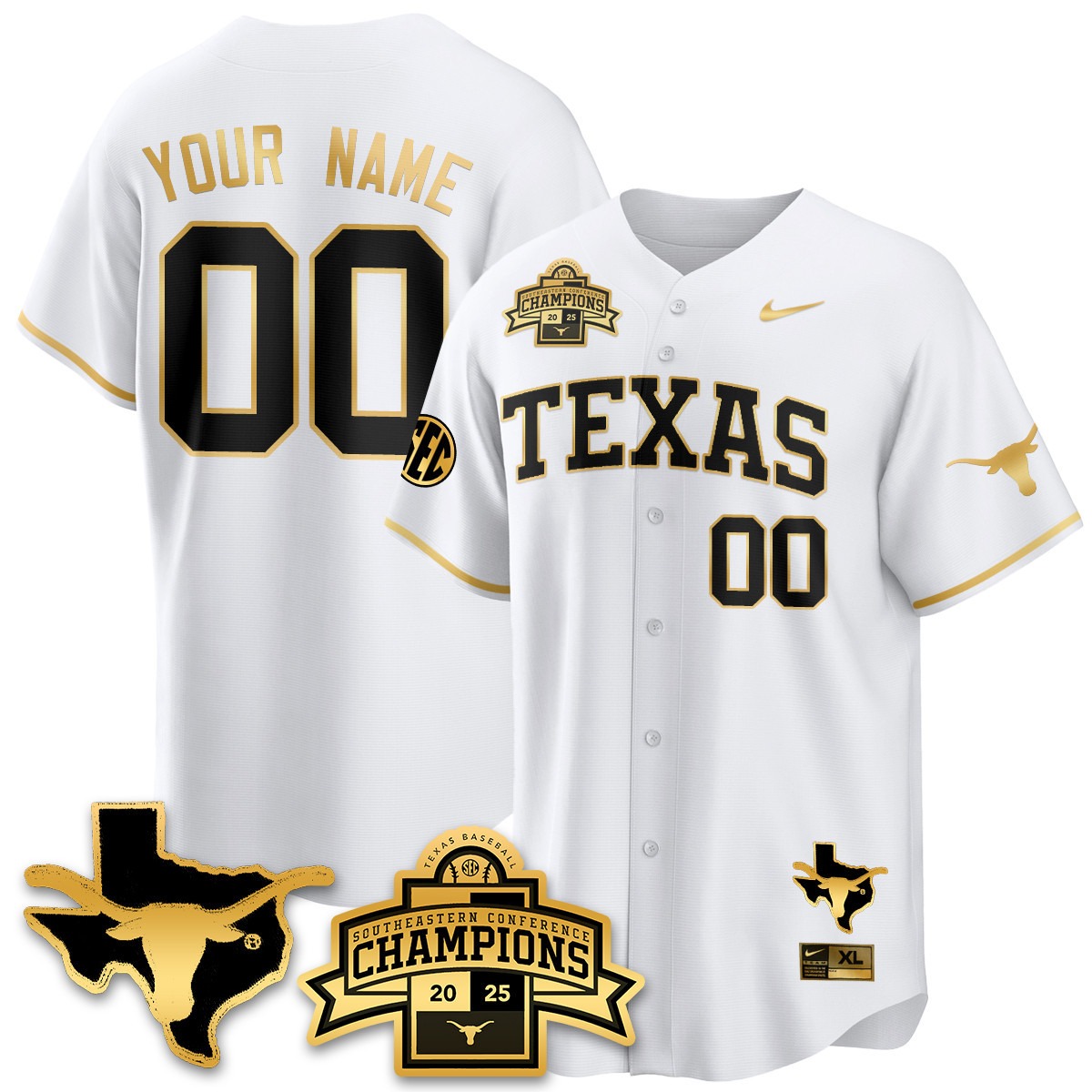 Texas Baseball Active Player Custom 2025 SEC Champions & State Patch Limited Jersey White Gold - All Stitched