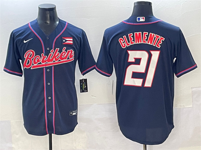 Men's Boriken Puerto Rico Baseball #21 Roberto Clemente Navy Stitched Jersey