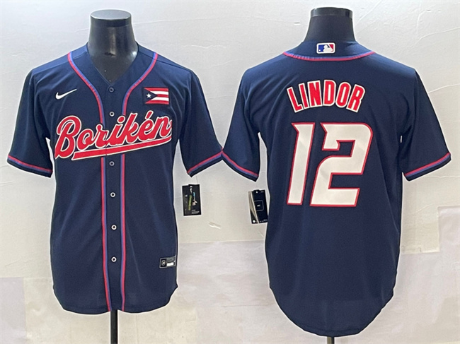 Men's Boriken Puerto Rico Baseball #12 Francisco Lindor Navy Stitched Jersey