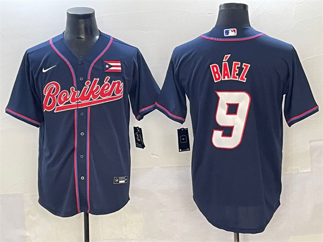 Men's Boriken Puerto Rico Baseball #9 Javier Baez Navy Stitched Jersey