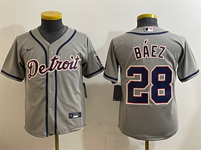 Youth Detroit Tigers #28 Javier Baez Grey Cool Base Stitched Baseball Jersey