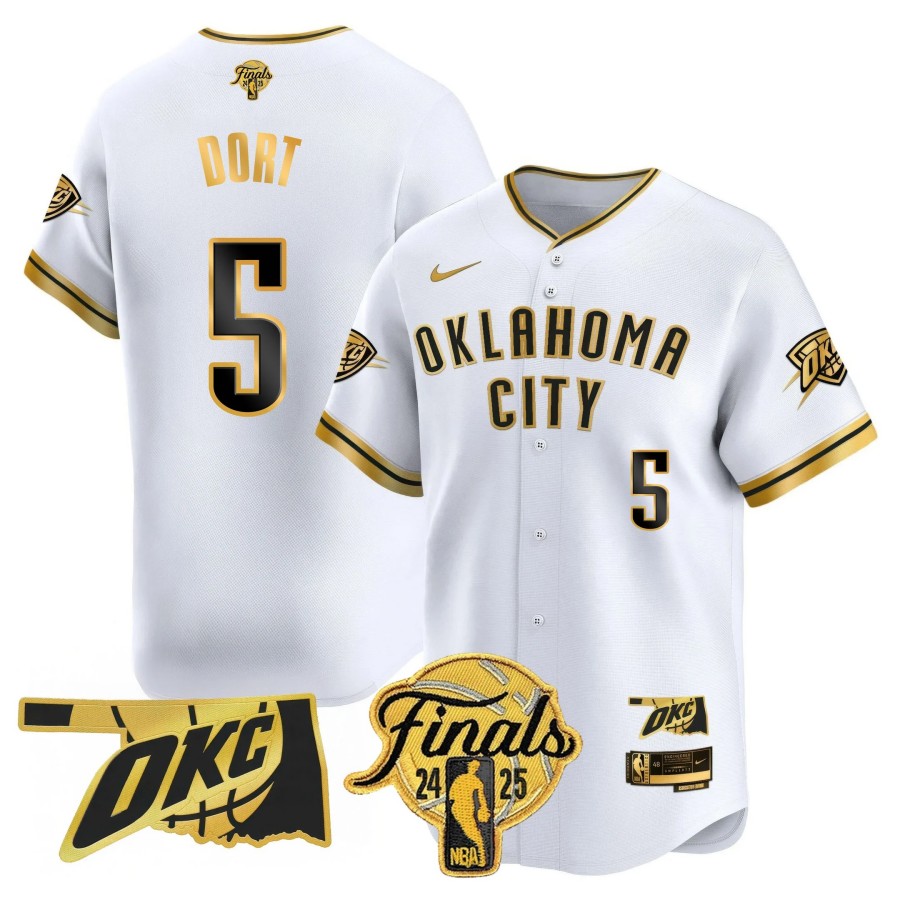 Men's Oklahoma City Thunder #5 Luguentz Dort 2024-25 NBA Final Patch Limited Stitched Baseball Jersey White Gold