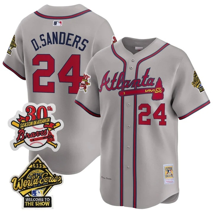 Men's Atlanta Braves #24 Deion Sanders Grey 1995 World Series Stitched Baseball Jersey