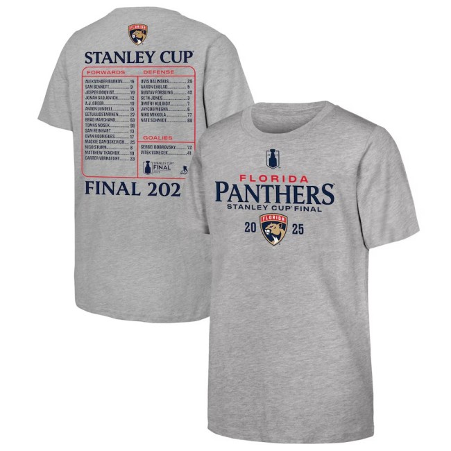 Youth Florida Panthers Heather Gray 2025 Stanley Cup Final Roster T-Shirt