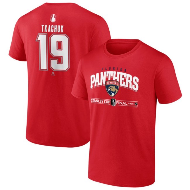 Men's Florida Panthers #19 Matthew Tkachuk Red 2025 Stanley Cup Final T-Shirt