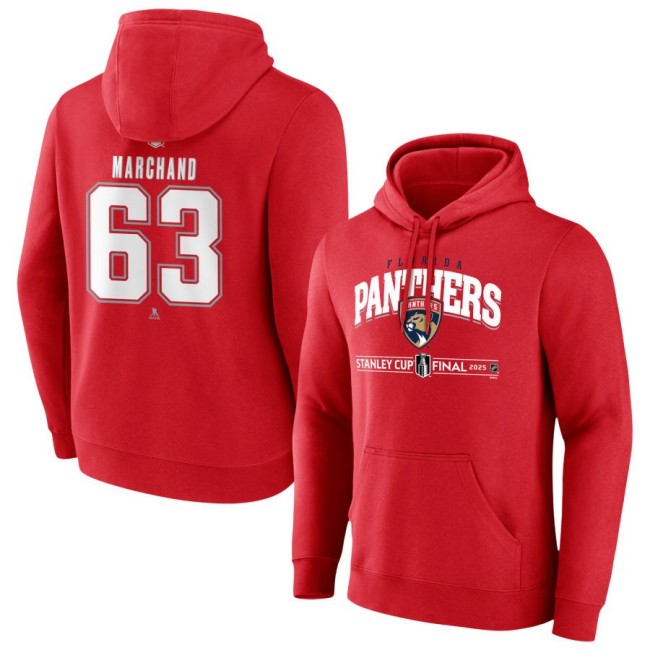 Men's Florida Panthers #63 Brad Marchand Red 2025 Stanley Cup Final Pullover Hoodie
