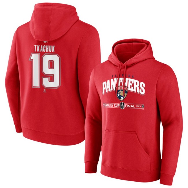 Men's Florida Panthers #19 Matthew Tkachuk Red 2025 Stanley Cup Final Pullover Hoodie