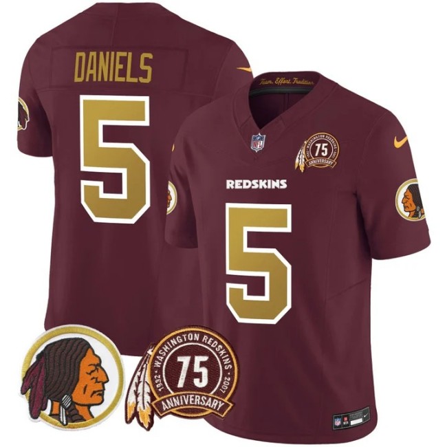 Men's Washington Redskins #5 Jayden Daniels Burgundy Throwback 75th Patch F.U.S.E. Limited Stitched Football Jersey