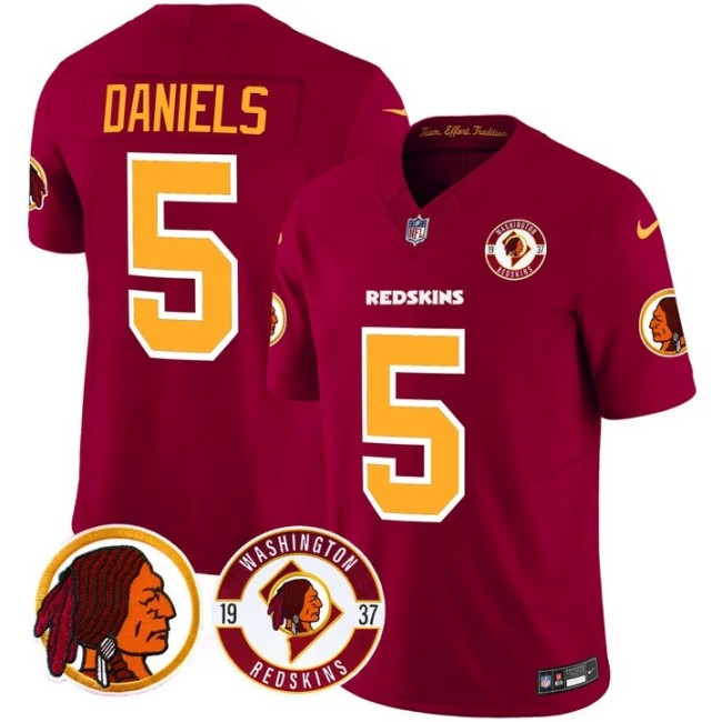 Men's Washington Redskins #5 Jayden Daniels Burgundy Est. 1937 Patch F.U.S.E. Vapor Limited Stitched Jersey
