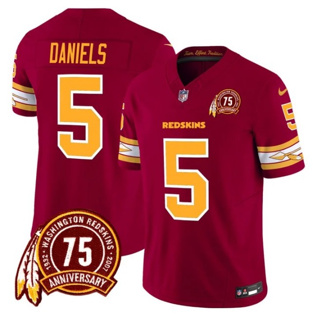 Men's Washington Redskins #5 Jayden Daniels Burgundy 75th Patch F.U.S.E. Limited Stitched Football Jersey