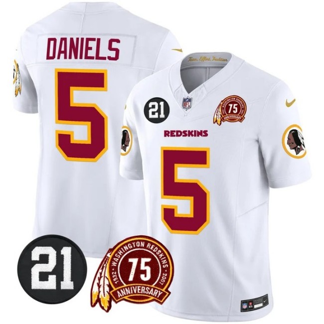 Men's Washington Redskins #5 Jayden Daniels White 75th & Sean Taylor Patch F.U.S.E. Limited Stitched Football Jersey