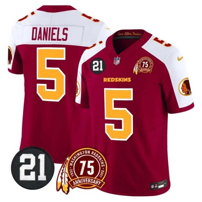 Men's Washington Redskins #5 Jayden Daniels Burgundy Alternate 75th & Sean Taylor Patch F.U.S.E. Limited Stitched Football Jersey