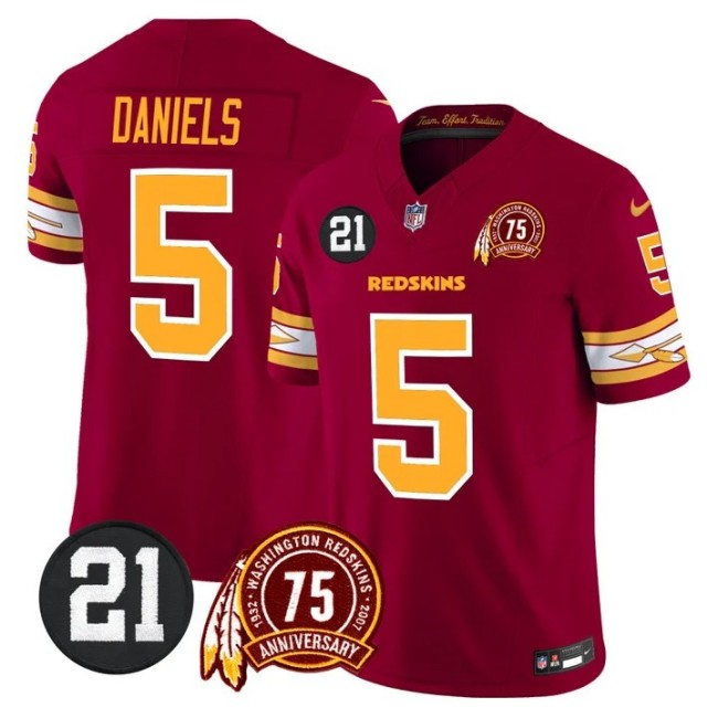 Men's Washington Redskins #5 Jayden Daniels Burgundy 75th & Sean Taylor Patch F.U.S.E. Limited Stitched Football Jersey