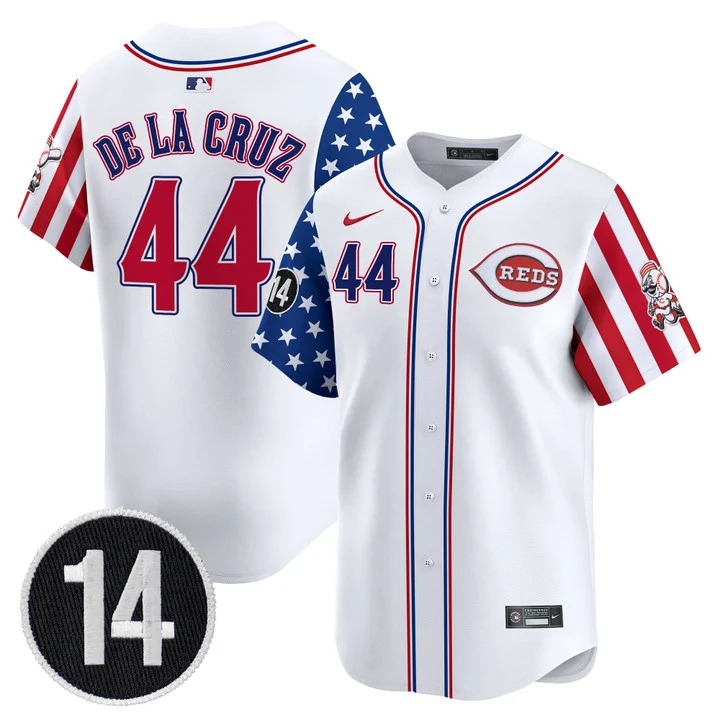 Men's Cincinnati Reds #44 Elly De La Cruz White 2025 Independence Day Vapor Premier Limited Stitched Jersey - Pete Rose Patch