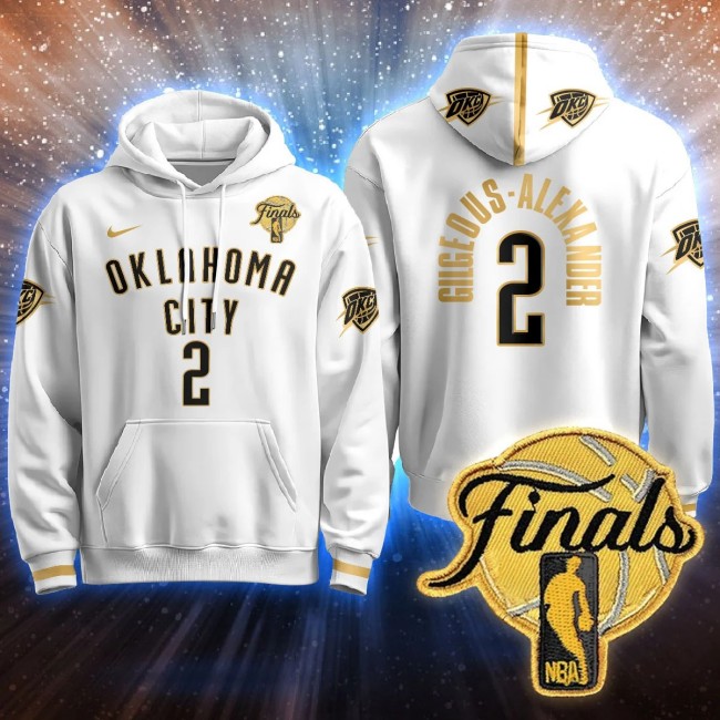 Men's OKC Thunder #2 Gilgeous-Alexander 2025 NBA Final Patch Stitched Hoodie White Gold