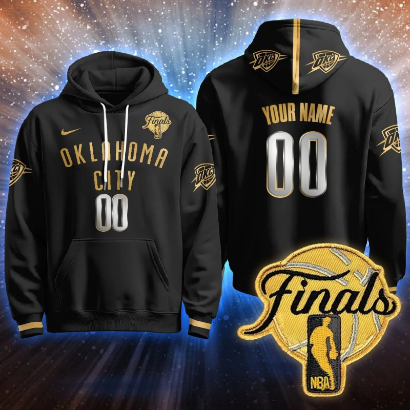 Oklahoma City Thunder Active Player Custom Black Gold 2025 NBA Final Patch Stitched Hoodie