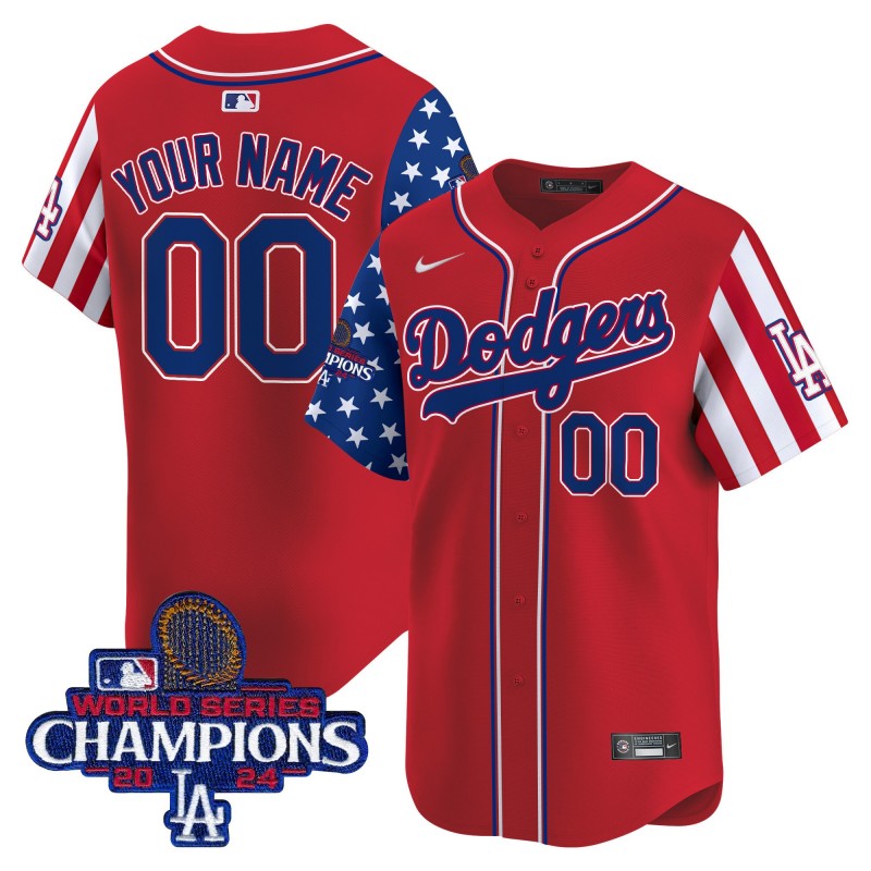 LA Dodgers Active Player Custom Red Independence Day Vapor Premier Limited Stitched Baseball Jersey - 2024 World Series Champions Patch