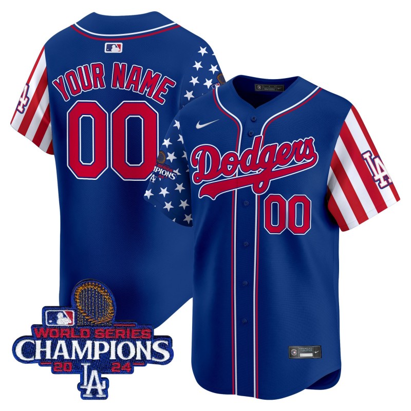 LA Dodgers Active Player Custom Independence Day Royal Vapor Premier Limited Stitched Baseball Jersey - 2024 World Series Champions Patch