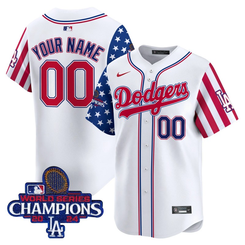 LA Dodgers Active Player Custom Independence Day White Vapor Premier Limited Stitched Baseball Jersey - 2024 World Series Champions Patch