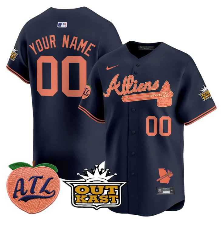 Atlanta Braves Active Player Custom Atliens Peach Outkast Patch Limited Stitched Jersey Navy