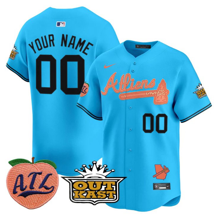Atlanta Braves Active Player Custom Atliens Peach Outkast Patch Limited Stitched Jersey Light Blue