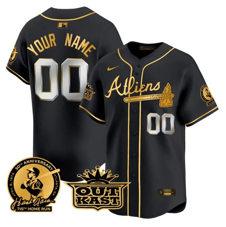 Atlanta Braves Active Player Custom Atliens Hank Aaron Outkast Patch Limited Stitched Jersey Black Gold