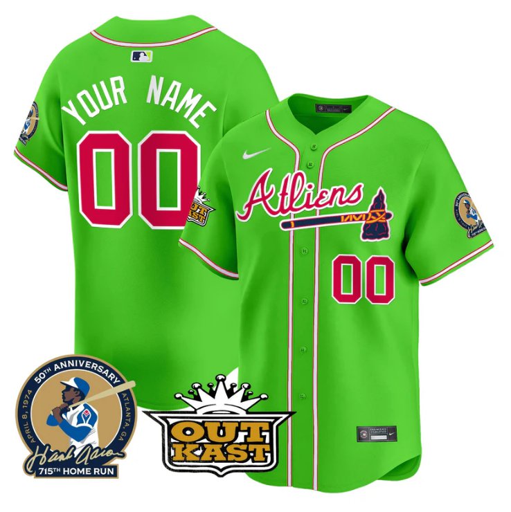 Atlanta Braves Active Player Custom Atliens Hank Aaron Outkast Patch Limited Stitched Jersey Bright Green