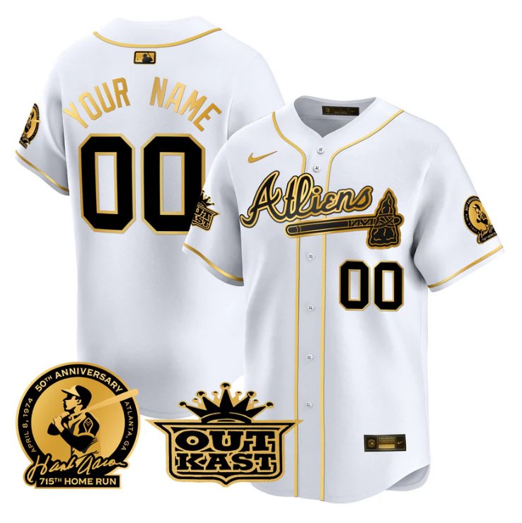 Atlanta Braves Active Player Custom Atliens Hank Aaron Outkast Patch Limited Stitched Jersey White Gold